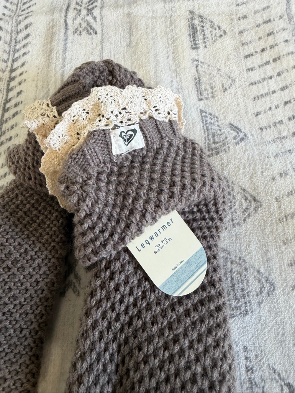 Roxy Taupe Knit Legwarmers with Cream Lace Trim